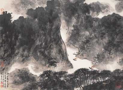 傅抱石 峡江帆影图 镜心
